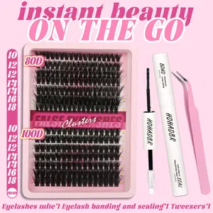 HOHADBR 80D+100D Thick Volume Individual Lashes D Curl 10-18mm Lashes Cluster Eyelash  Lash Clusters  Eyelash Extension Eyelashes  Extension Wispy Individual Lashes Clusters  Lash Bond and Seal, Lash Tweezers for Self Use