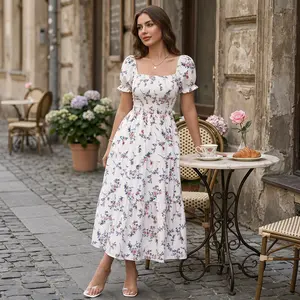 2026 New Modest Women's Square Neck Ditsy Floral Short-Sleeve Maxi Dress - Bohemian Casual Flowy Big Swing Islamic Clothing, Below the Knee