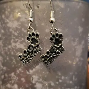 Dog Person Paw Print Earrings - Silver Tone with Text Design