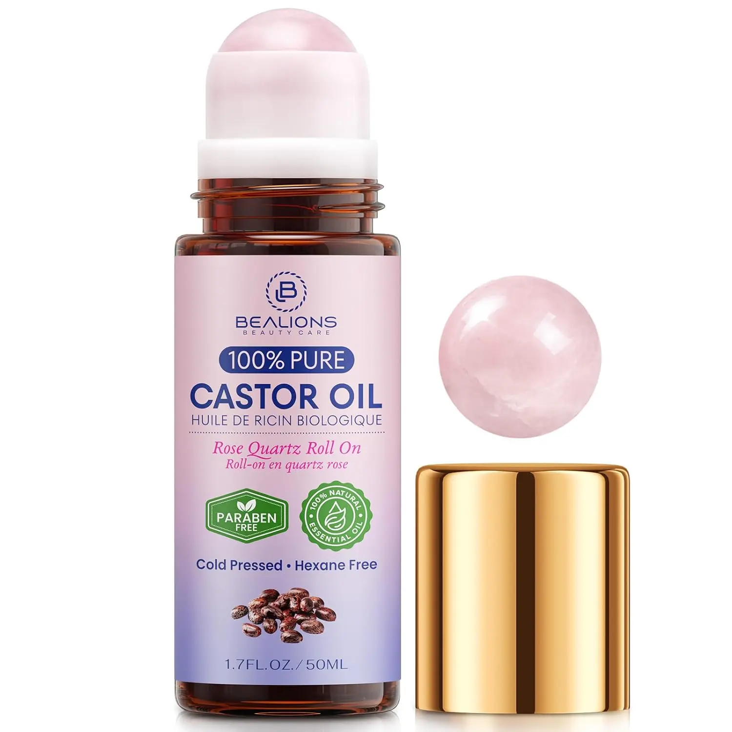 Castor Oil Roll-On with Rose Quartz Roller | 100% Pure for Skin, Brows & Lashes and less mess Castor Oil Packs | deeply hydrate and richly nourish skin | improve the look of fine lines and wrinkles