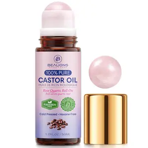 Castor Oil Roll-On with Rose Quartz Roller | 100% Pure for Skin, Brows & Lashes and less mess Castor Oil Packs | deeply hydrate and richly nourish skin | improve the look of fine lines and wrinkles