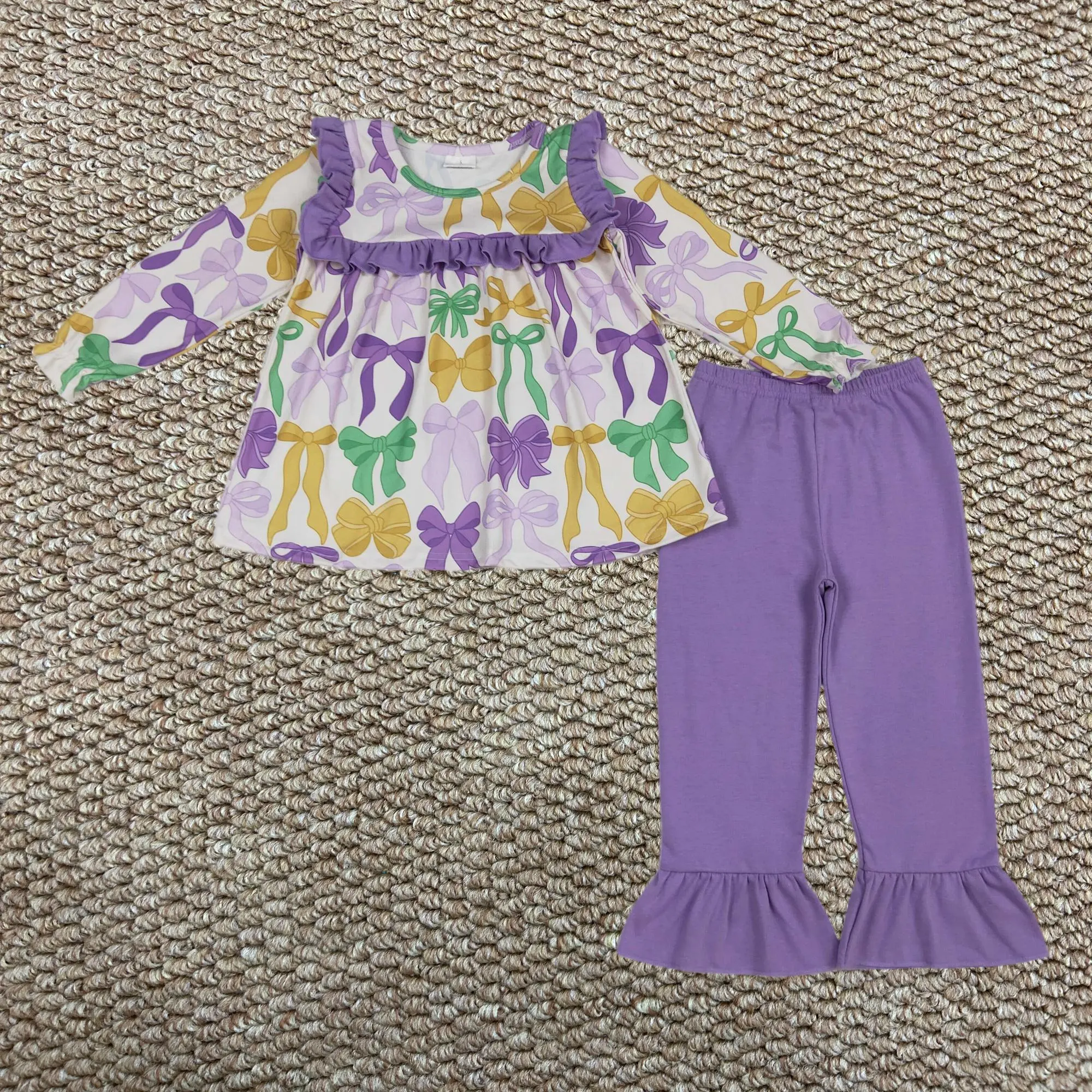 GLP2822 Mardi Gras greenyellowpurple bows long sleeve purple pants girls set
