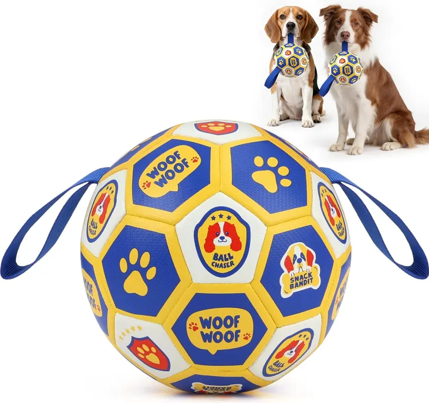 Soccer Ball Toy, 8 Inch Floatable Interactive Dog Toy for Large and Extra Large Dogs, Durable PU Enrichment Ball with Nylon Straps for Outdoor Fetch, Training & Playing