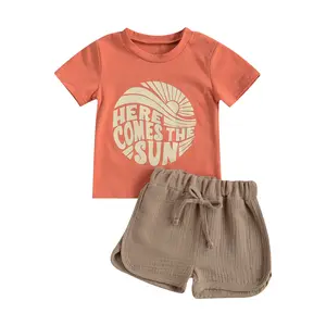 Baby Toddler Boy 2-piece Shorts Set, Short Sleeve Cute Sun Print T-shirt Tops and Shorts Summer Outfit