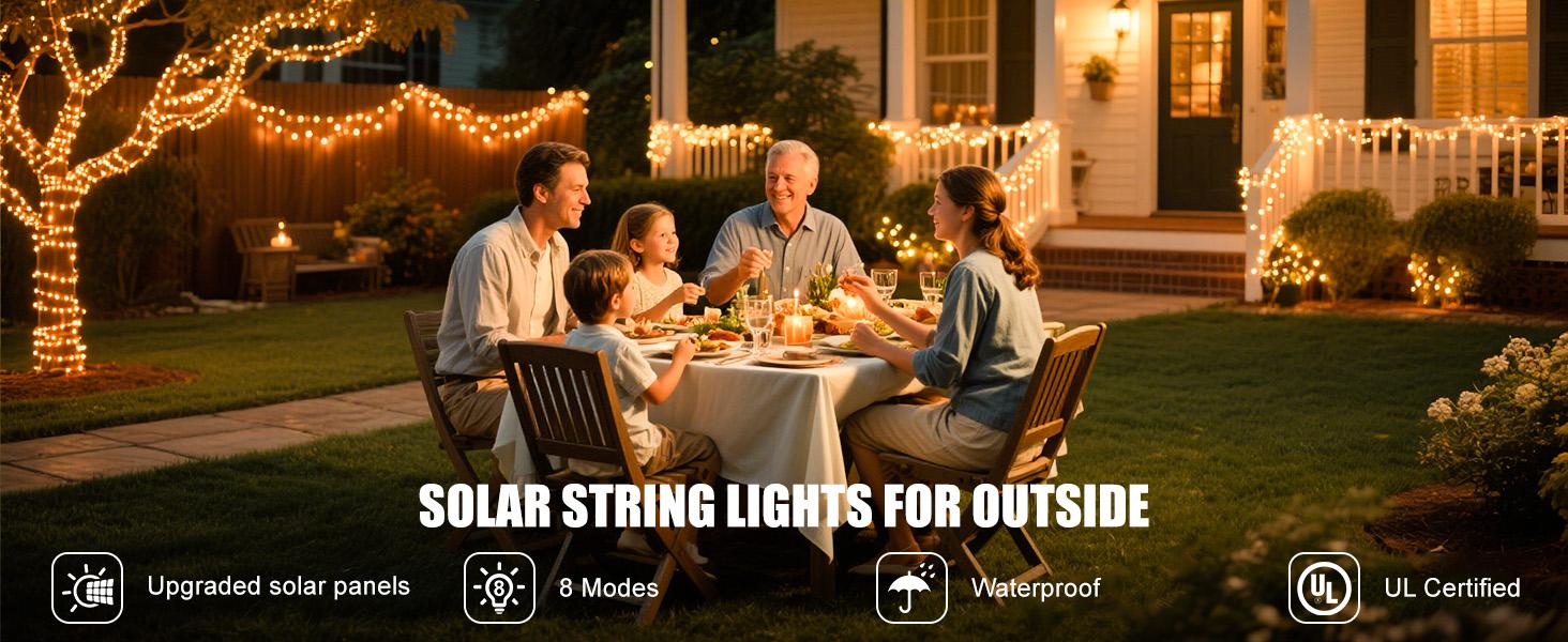 Minetom Solar String Lights for Outside, 33Ft 100 LED Outdoor Solar Fairy Lights, 8 Modes Balcony Lights for Tree Patio Christmas Party Wedding Decor (Warm White)