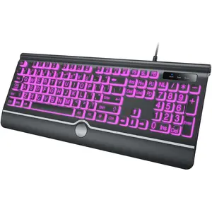 Backlit Large Print Keyboard, Wired Light Up Keyboards with 7-Color Backlit, Wrist Rest, Oversize Letters  Easy to See and Type, Corded Full-Size Keyboard for Windows Desktop, Laptop, PC, Gaming