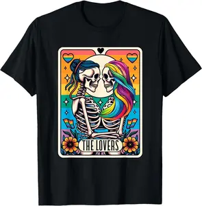 Tarot Card The Lovers Rainbow Kissing Lesbian Skeletons T-Shirt
