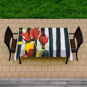 360 stand Easy-Care Stain-Proof Rectangular Tablecloth, 58x102 in Vibrant Floral Red Flowers on Stripes Design, Household Textile for Blue Bedroom Home Decor, Rectangle Tablecloth, Outdoor Dining Table