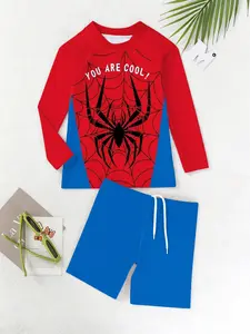 Unisex Spider Grid Print Swimsuit Set, Long Sleeve Sun Protection, Swimming Pool Beach Gear, Casual Slim Fit, All over Print Design