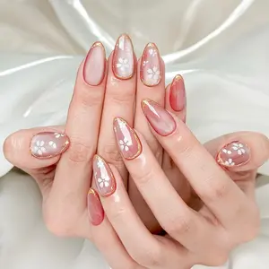 FloraNails |   F014 |   Medium Almond |   Handmade Press-On Nails 10PCS |   Acrylic, Reusable, Salon-Quality, Long-Lasting, Glossy Design