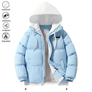 Hooded Casual Winter Men's Jacket Splice Hat Warmth Contrast Color Cotton Lined Coat Waterproof Windproof Blue White