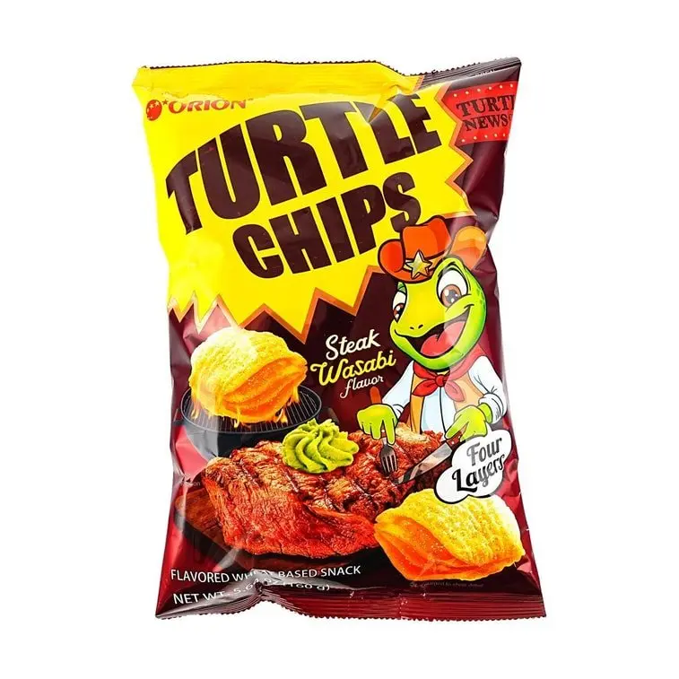 Orion Turtle Chips Crisps & Puffed Snacks - Spicy, Crunchy Beef Wasabi Blend Flavor, 160g Late Night Snack, Flavored with Wasabi, Contains Milk
