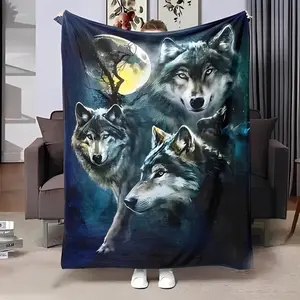 WorldNorse Pack Wolf Moonlit Thicket Blanket Moonlight Wolf Throw Blanket Soft Flannel Animal Blanket for Couch Bed