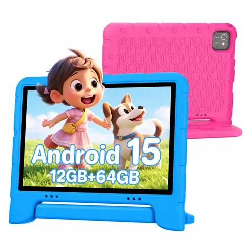JUNINKE 10-in Children's Tablet - Android 15 Quad-Core 64GB, Batteries Built-In, 1280x800 LCD Display, Dual Cameras, 2.4G WiFi, Parental Controls, Protective Case, Fun & Learning Combined Kids Tablet, Ideal Gift