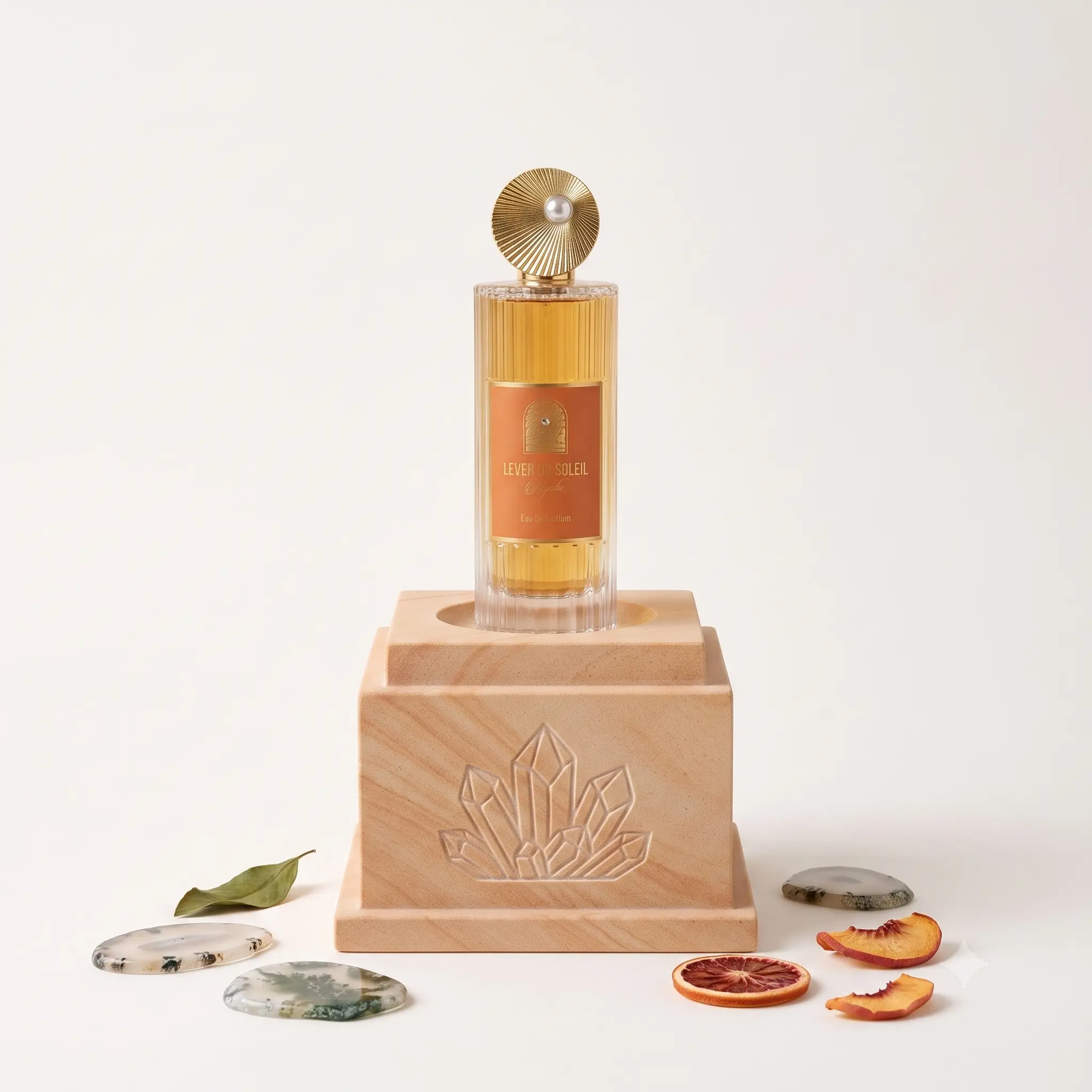 Zakat Perfumes | Lever Du Soleil Agate | Unisex Fragrance | 100ML - 3.4Oz | Eau De Parfum | peach- blood orange, and green leaves