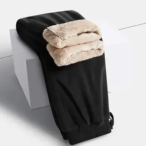 Men's Casual Black Fleece Pants - Sherpa Lined, Stretch Drawstring Waist, Trendy Warm Homewear, Winter Everyday Pants