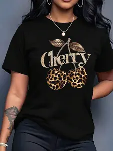 Women's Four-Season Comfortable Top, Cherry Letter Print Leopard Cherry Pattern, Breathable Polyester Blend, Casual Fashion Round Neck Short Sleeve Tee