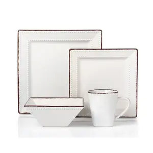 Lorren Home Trends 16 Piece Square Beaded Stoneware Dinnerware Set, White - Tableware