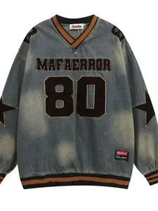 Men's Washed Denim Sports Jersey Sweatshirt