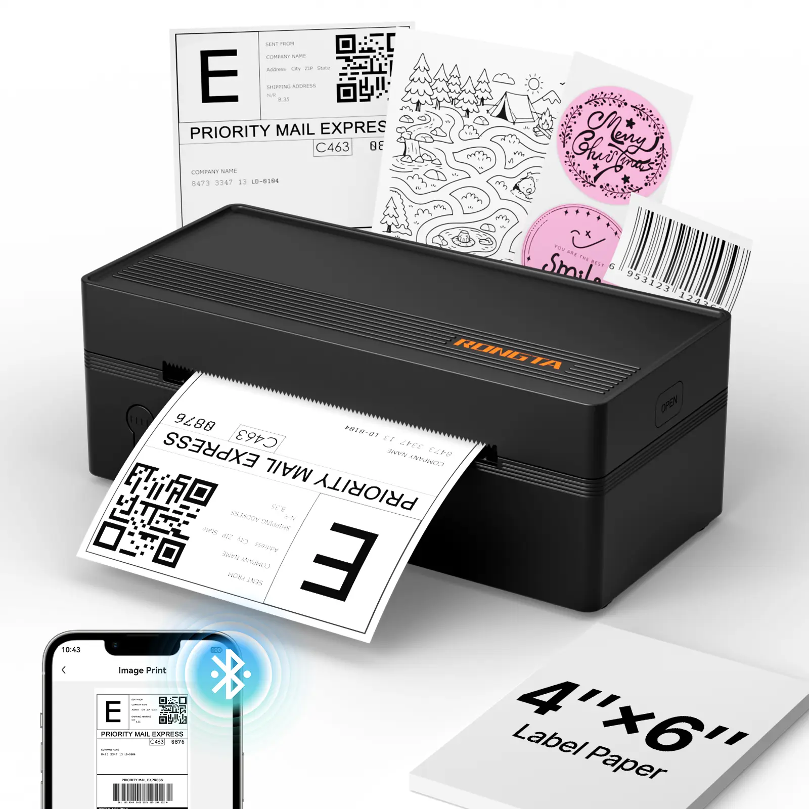 RONGTA RP425B Wireless Label Printer - Bluetooth Thermal Label Printer, Inkless Printing, Thermal Paper Compatible with USPS, Amazon, Shopify, iOS/Android, Windows, Mac
