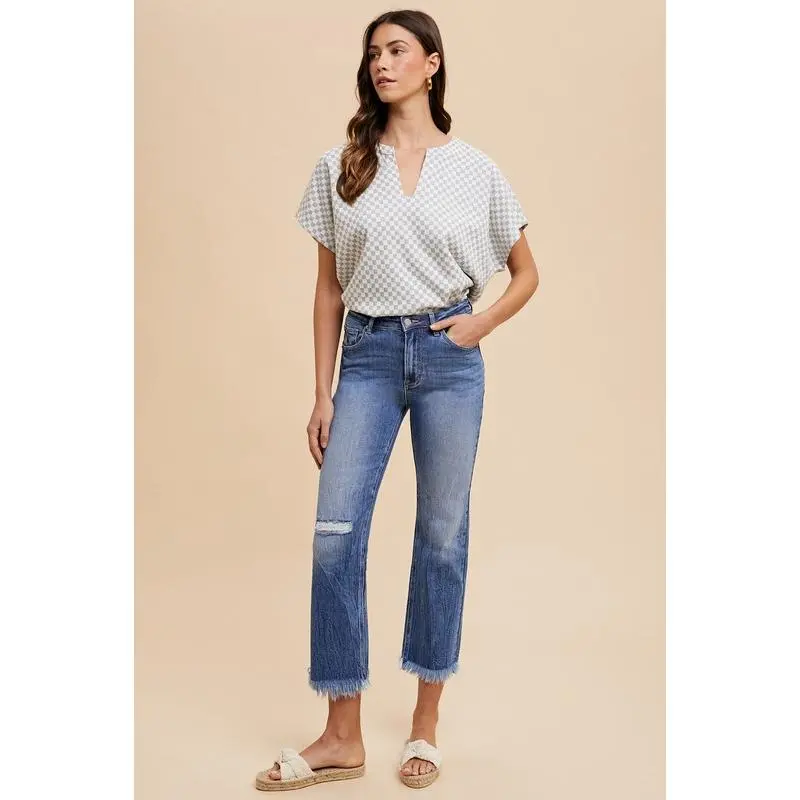 Distressed Raw Hem Straight Leg Cropped Jeans - Casual Style, Slightly Stretchy Material, Machine Wash Cold, Imported - Basic