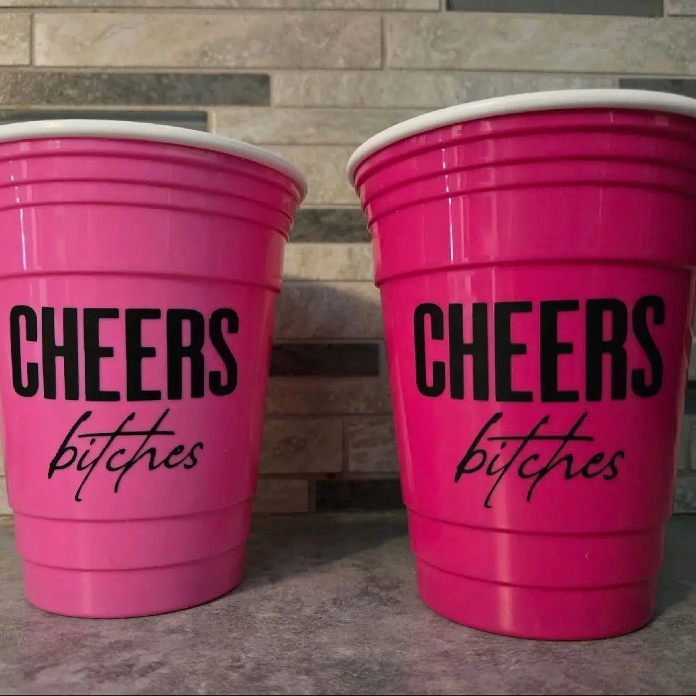 Cheers  Bitches Solo Cup - Pink Cups with "CHEERS bitches" Text Design