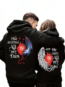 Valentine's Day Couple Outfit Limited Edition HE SEES ALL MY LIGHT SHE ACCEPTED ALL MY DARK Printed Hoodie with Kangaroo Pocket Plush Casual Long Sleeved Sweatshirt for Outdoor Use