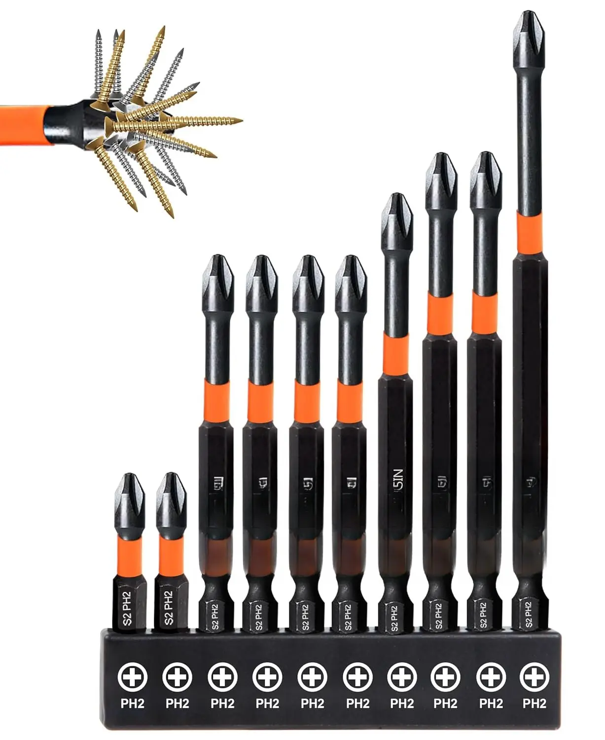10-Pack Phillips Bits #2 Impact , 1-Inch to 6-Inch Long Phillips  Drill &  Bits, PH2  S2 Steel 1/4" Hex Shank for Impact Drivers, Professional & DIY Use