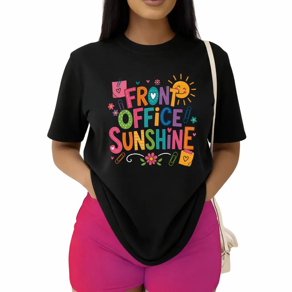 Men's & Women's Front Office Sunshine Staff T-Shirt Short Sleeve Crew Neck Casual Top Suitable for Teachers Secretaries Staff Gifts Back to School Apparel Office Uniform 100%Cotton
