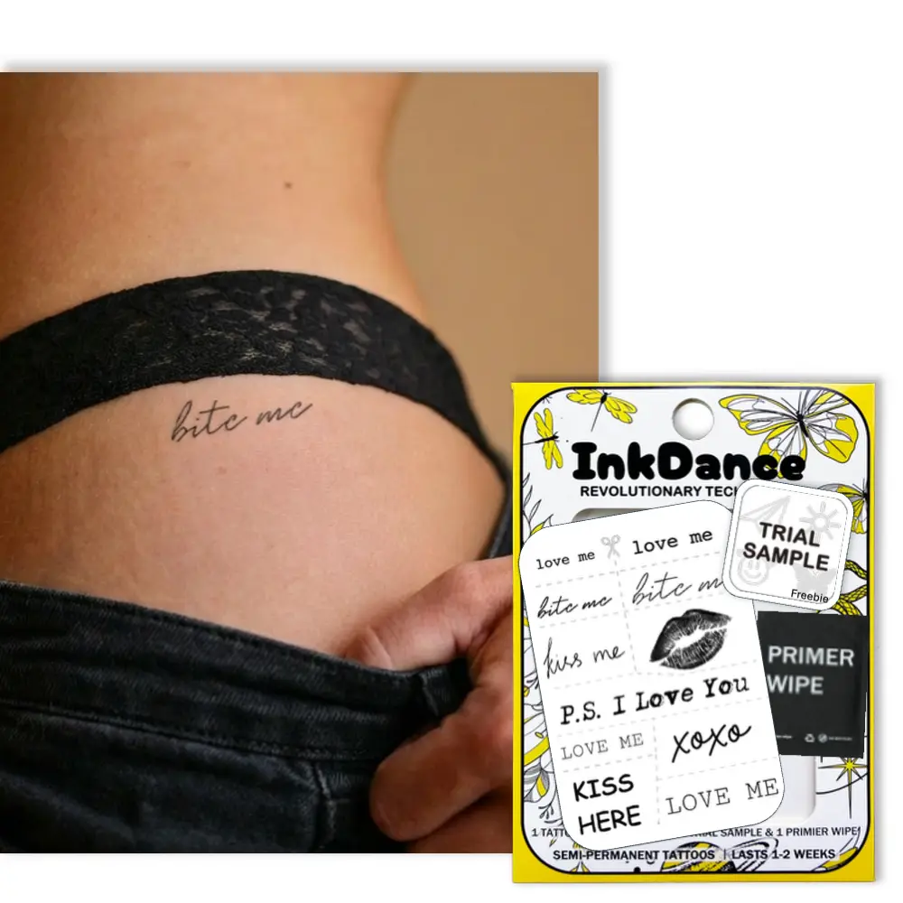 InkDance Semi-Permanent Tattoo, Flirty Scripts, Bite Me, Lip, Kiss, Long Lasting Temporary Tattoos, Waterproof Plant-Based Ink, Lasts 1-2 Weeks, Color Develops in 24 Hours X166