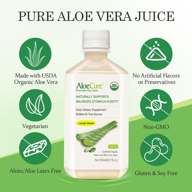 AloeCure Organic Aloe Vera Juice - 2 Bottle Sample Pack - Lemon, Natural Flavor - 2x500ml