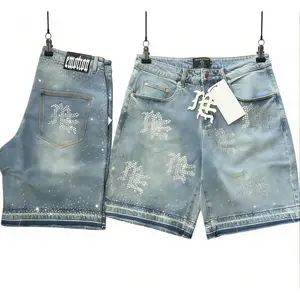 MIXED EMOTION Studded Lettering Denim Shorts Vintage Blue Baggy Over The Knee Jeans Y2K Hip Hop Streetwear Oversized Summer Outfit Unisex Pants