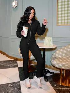 Women's Casual Two-Piece Set, Slim Fit Hoodie & Multi-Pocket Pants, Spring Fall Fashion, Long Sleeve, Regular Length, Plain Pattern