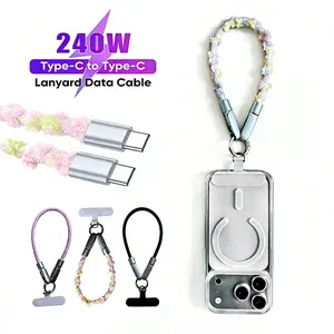 Aesthetic Pink Plush Charging Strap Kawaii Soft Skin-Friendly Phone Lanyard 240W USB-C Fast Charge Cord 2-in-1 Crossbody Phone Chain Cute Hands-Free Travel Essential for Her