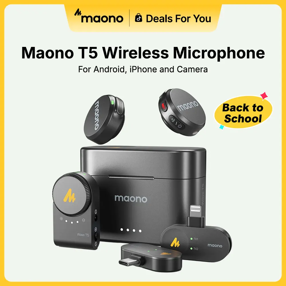 Maono T5 Magnetic Chargeable Lavalier Wireless Microphone with Charging Case, Audio Noise Reduction, Adjustable Cable, Compatible with PC Cameras, iPhones, Type-C/Lightning Android Phones, Vlogging Kit for TikTok Streaming, Recording, Smartphone, Lapel, A