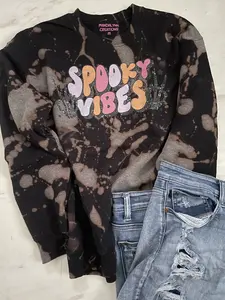 Halloween Sweatshirt, Spooky Vibes Bleached Pullover Sweatshirt, Bleach Dyed Sweater, Crewneck Sweatshirt, Black and Gray Fall Clothing, Hand Dyed, True to Size and Preshrunk, Women's Halloween Pullover, Pink and Purple, Skeleton Fingers