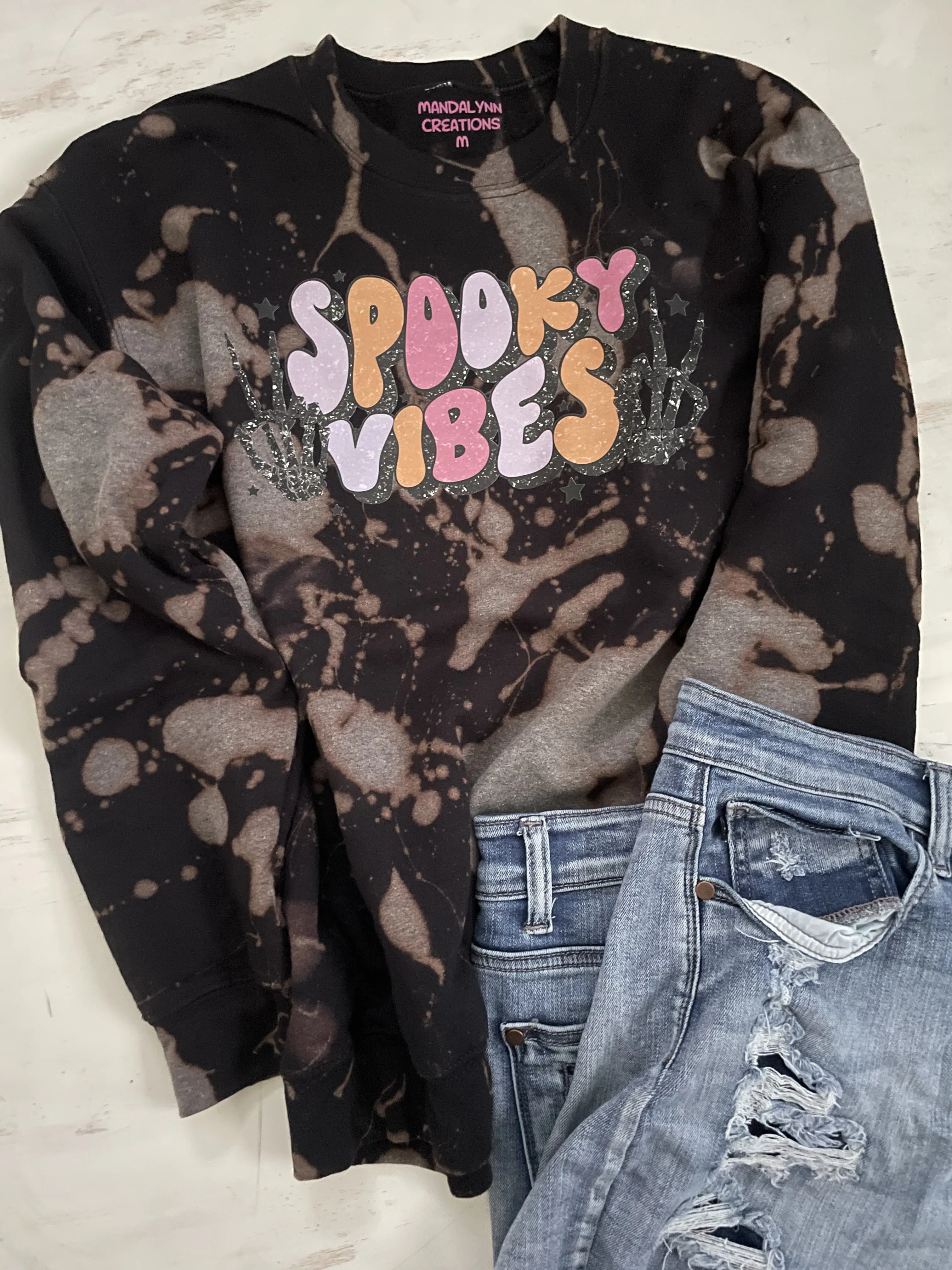 Halloween Sweatshirt, Spooky Vibes Bleached Pullover Sweatshirt, Bleach Dyed Sweater, Crewneck Sweatshirt, Black and Gray Fall Clothing, Hand Dyed, True to Size and Preshrunk, Women's Halloween Pullover, Pink and Purple, Skeleton Fingers