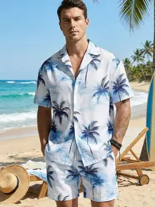 Men's Vacation Swimwear Set, Manfinity Two-Piece Swimsuit, Short Sleeve Top & Fitted Shorts, Digital Print Tropical Design, Casual Wear