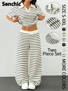 Women's Casual Striped Sweatshirt & Wide-Leg Pants Set, Loose-Fitting Long Sleeve Top, All-Season Fashion Two-Piece