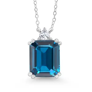 Gem Stone King Emerald Cut Pendant Necklace For Women | 925 Sterling Silver | Gemstone Birthstone and White Moissanite | Emerald Cut 12X10MM | Trillion 3.5MM | With 18 Inch Chain