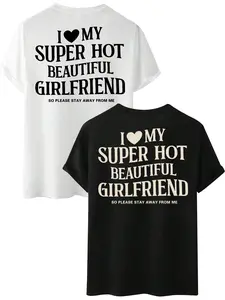 Style Graphic Print Short Sleeve Round Neck T-Shirt, Casual Fitted Long Top, Couples Home Date Show Love Funny Shirt, Trendy Daily Wear