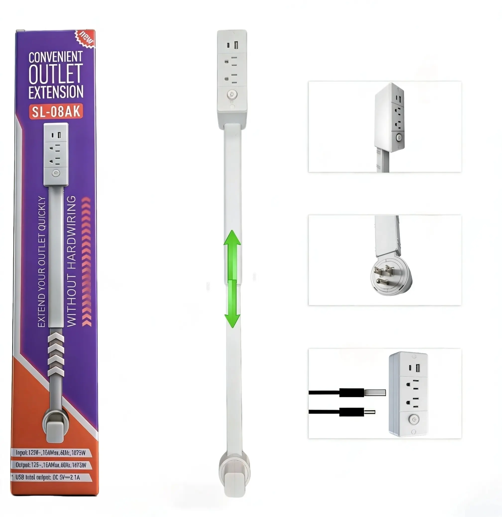 Outlet Extender Outlet electrical  Mountable Multi Plug Wall Outlet, with USB-A  USB-C & 2 AC, Extendable 17-27" Rotatable 180°  Surge Protector Power Strip,UL-certified power  cord,ideal for behind furniture in home/office