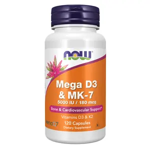 NOW Supplements, Mega D3 & MK-7, 5000 IU / 180 mcg, Bone & Cardiovascular Support*, Vitamins D3 & K2, 120 Capsules