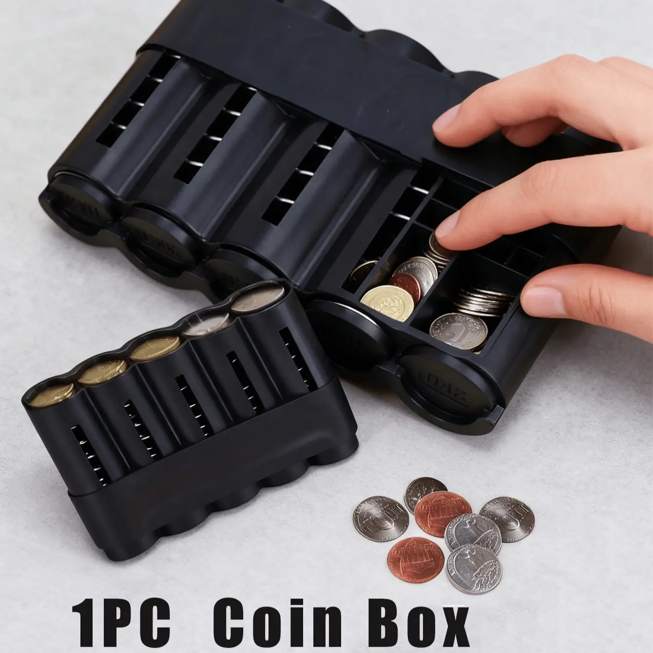Multifunctional Compact Plastic Coin Storage Box, 5-Compartment Euro Coin Holder with Dispenser, Portable Travel Coin Container