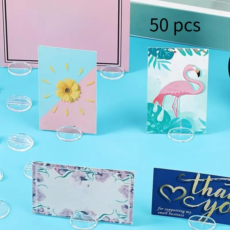 50pcs Clear Plastic Card Holders, Multi-Purpose Display Stands for Labels, Menus, Photos, Place Cards, Table Numbers, and Signs