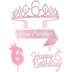 6th Birthday Decorations for Girl - Pink Party Supplies Including Crown, Sash, Cake Toppers, Number 6 Candles