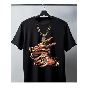 Men's Pure - Cotton Black T - Shirt: Blingy Gangster Hands Theme