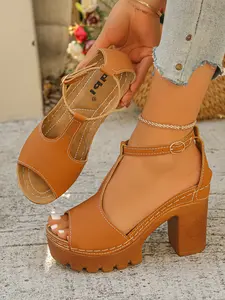 Summer New Cross Strap Chunky Heel Women's High Heeled Sandals, Waterproof Thick Sole Roman Shoes, Round Toe Medium Width