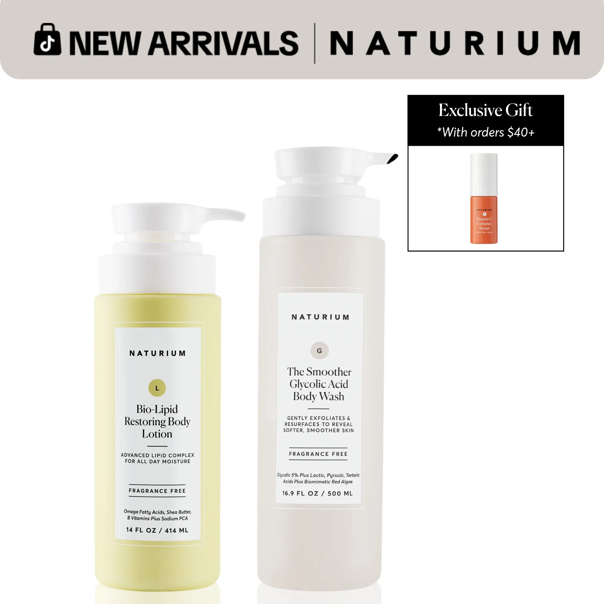 Naturium The Smoothing Body Bundle - Smoother Glycolic Acid Body Wash and Bio-Lipid Restoring Body Lotion