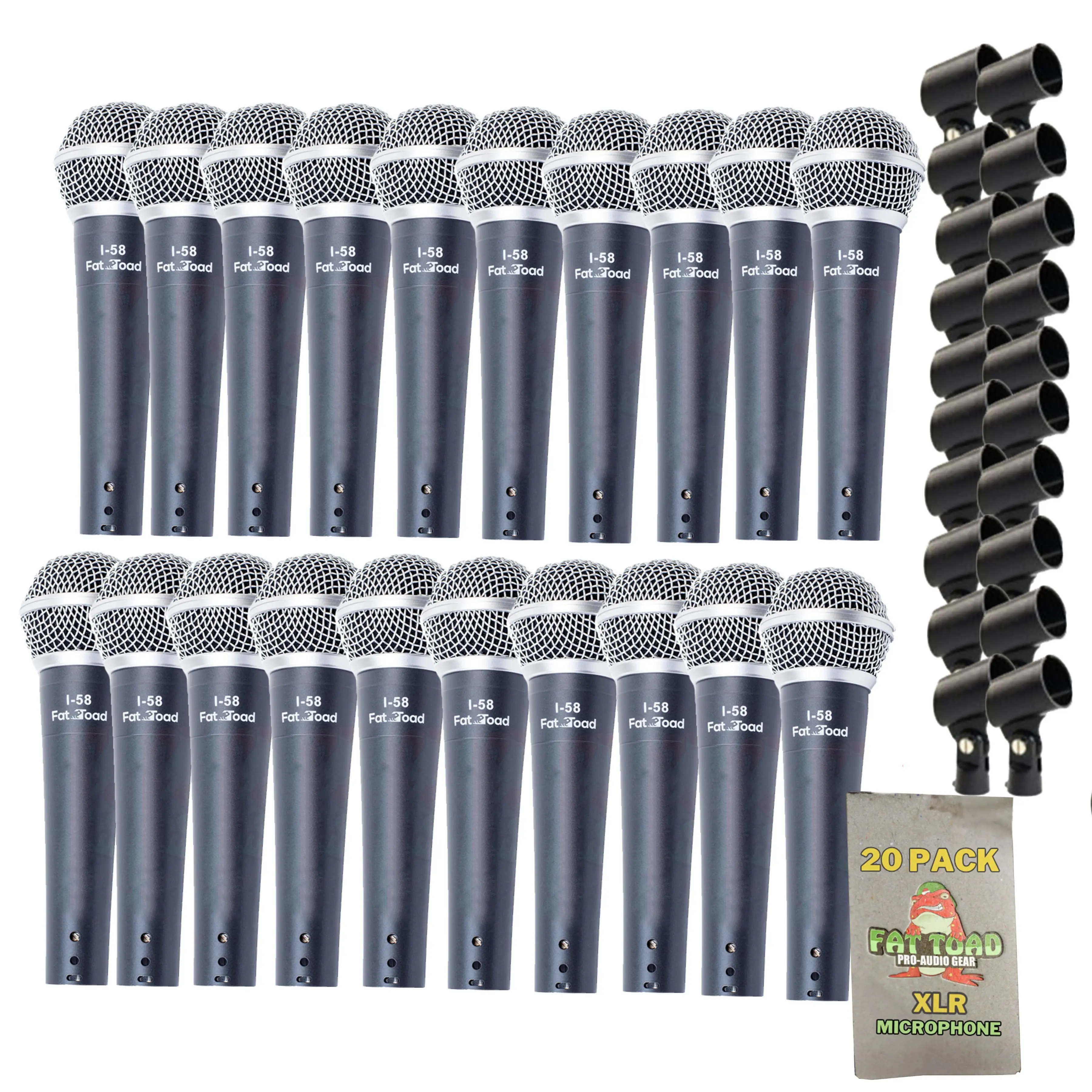 20 PACK Cardioid Dynamic Microphones & Clips by FAT TOAD | Vocal Handheld, Unidirectional Mic | Singing Mics Designed for Music Stage Performances & Professional Studio Recording or DJ Karaoke
